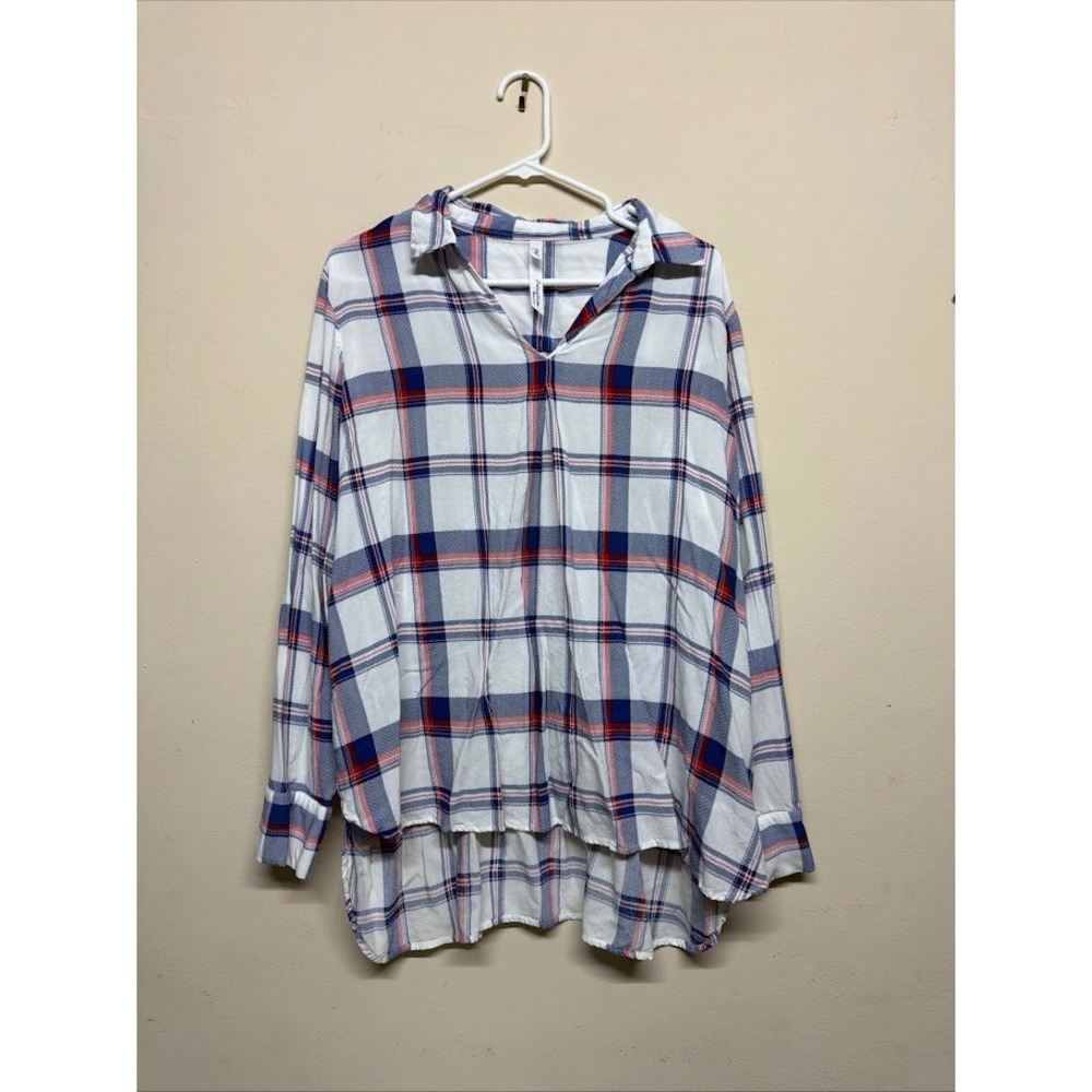 Collection Woman‎ Plaid Tunic Shirt Long Sleeve V Neck High Low Hem White Blue